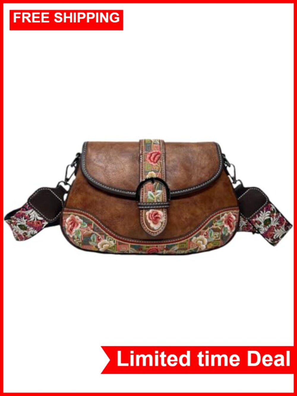 Embroidered Faux Leather Crossbody Bag with Vintage Floral Design Zipper